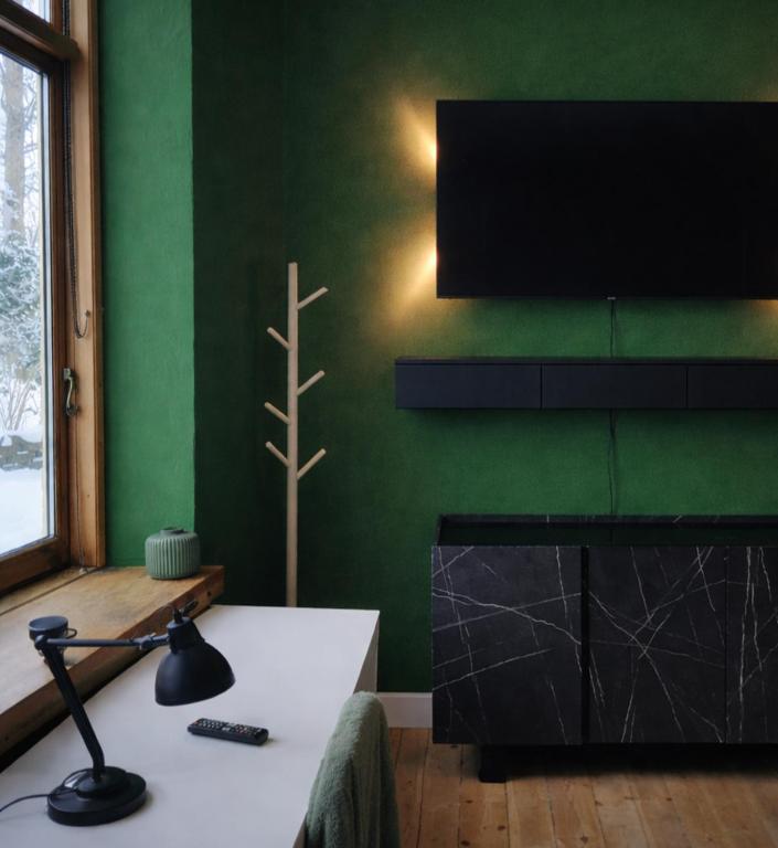 a living room with a green wall with a flat screen tv at Danmarksgade Green Suites in Aalborg