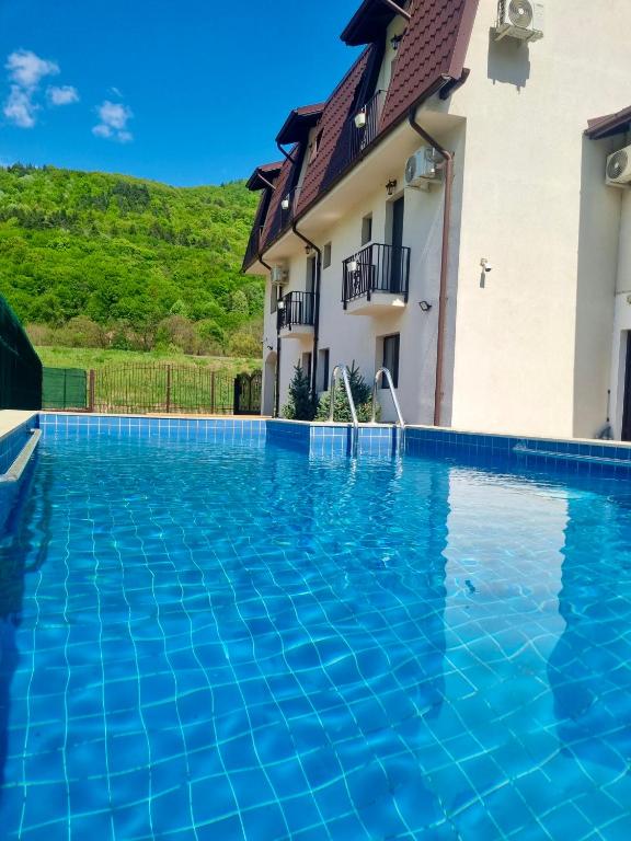 a swimming pool in front of a house at Casa TeoDora Caciulata in Căciulata