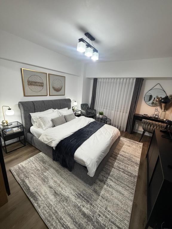 a bedroom with a large bed and a rug at Garsoniera G 5 in Roman