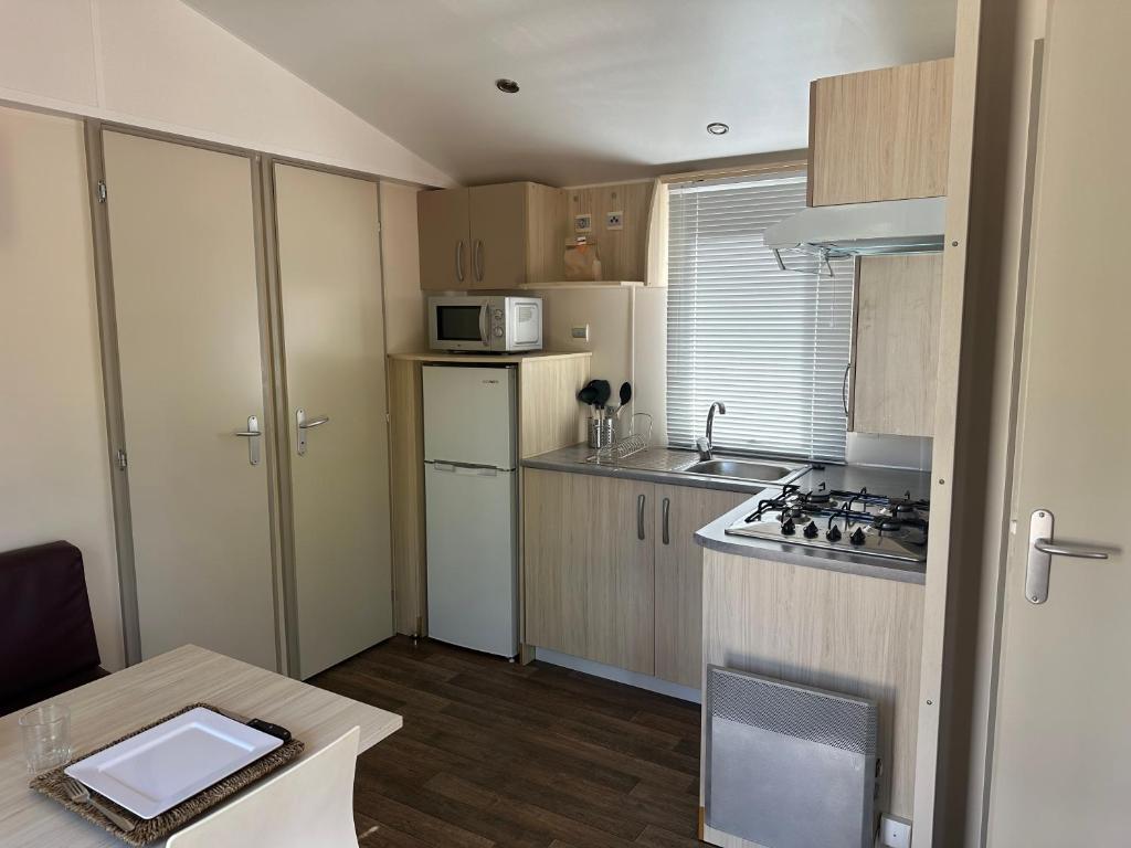 una pequeña cocina con fregadero y estufa en Camping de Alquézar Rio Vero, en Alquézar