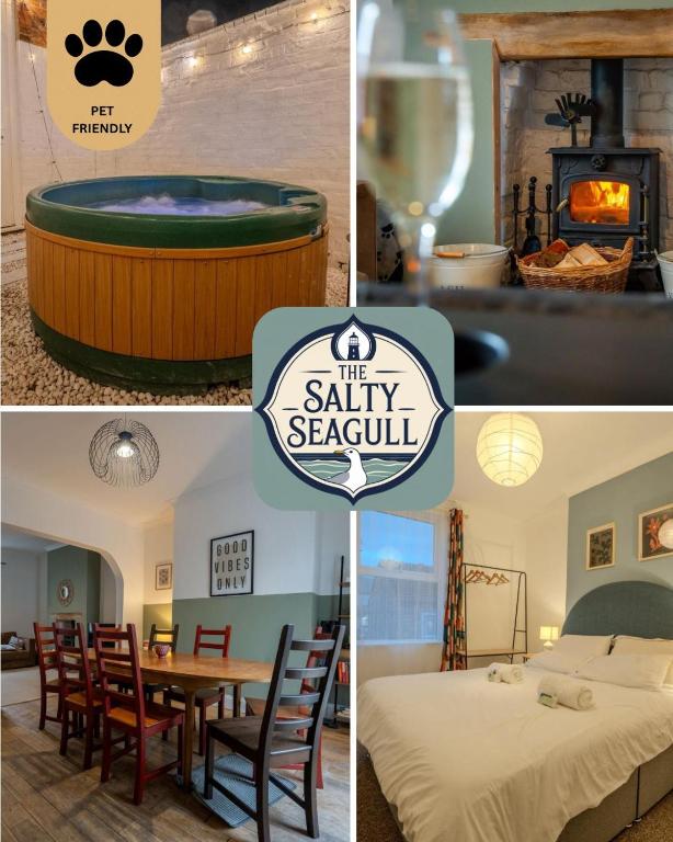 a collage of pictures of a spa with a table and a tub at The Salty Seagull in Scarborough
