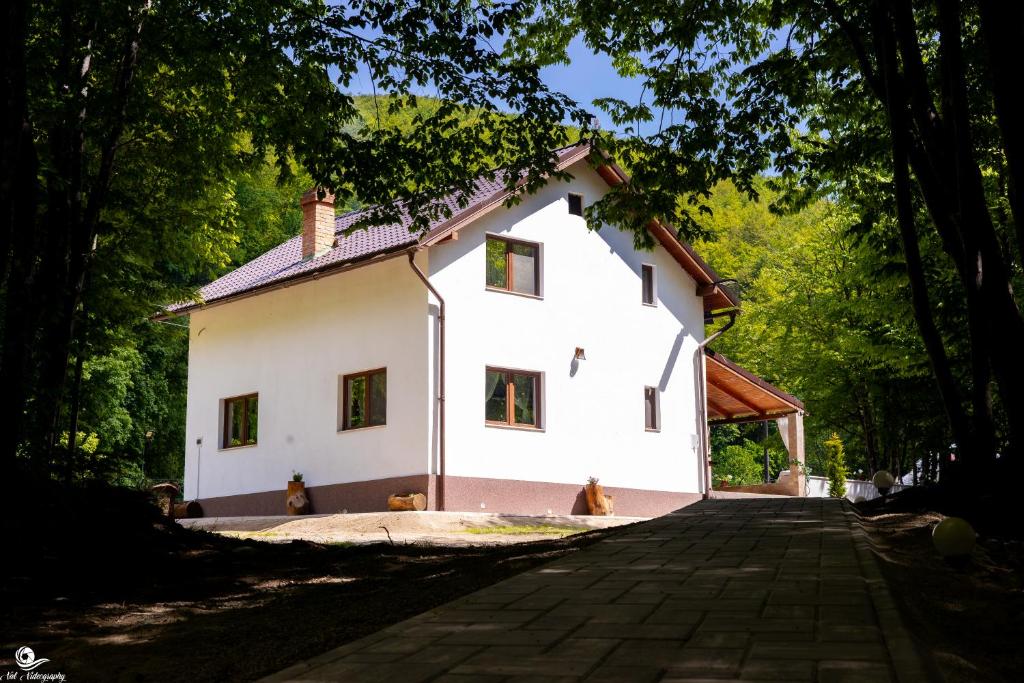 a white house with trees in front of it at Cabana lui Matei in Borlova