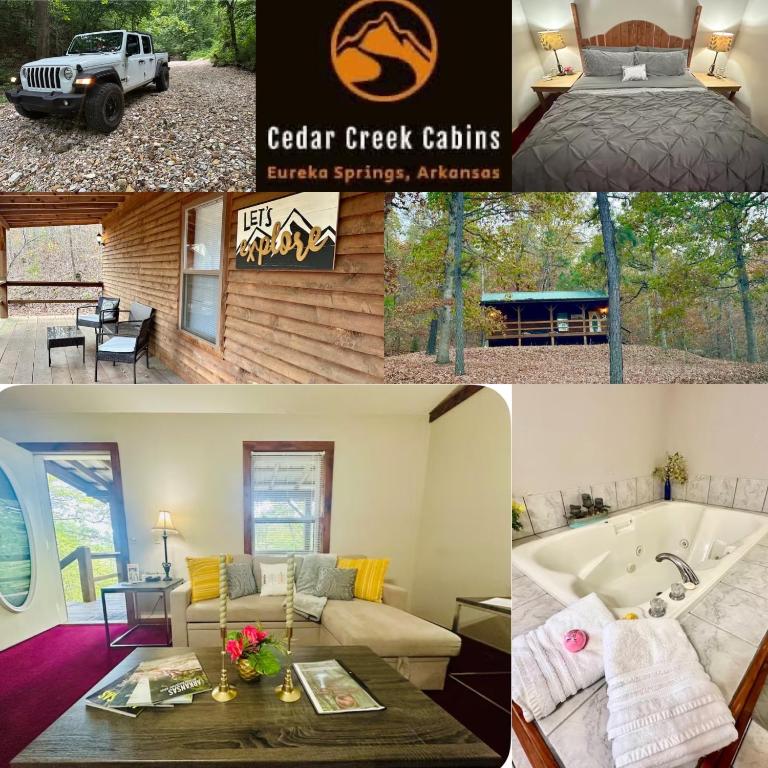 a collage of pictures of a living room and a house at Trout Lily Cabin - Giant Spa tub & Peaceful Location in Eureka Springs