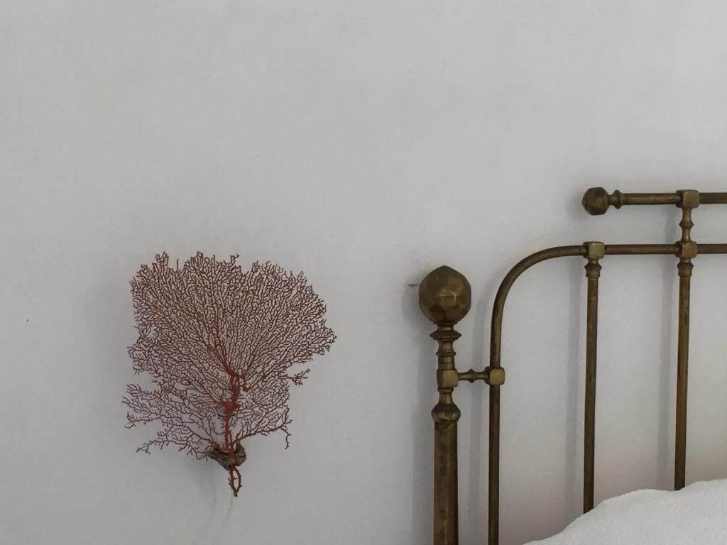 a wall with a plant on the wall next to a bed at Casa Falco Della Regina in Filicudi