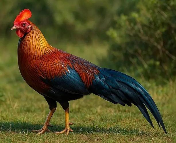 a red and blue rooster standing in the grass at ims communication in Meda-Ela