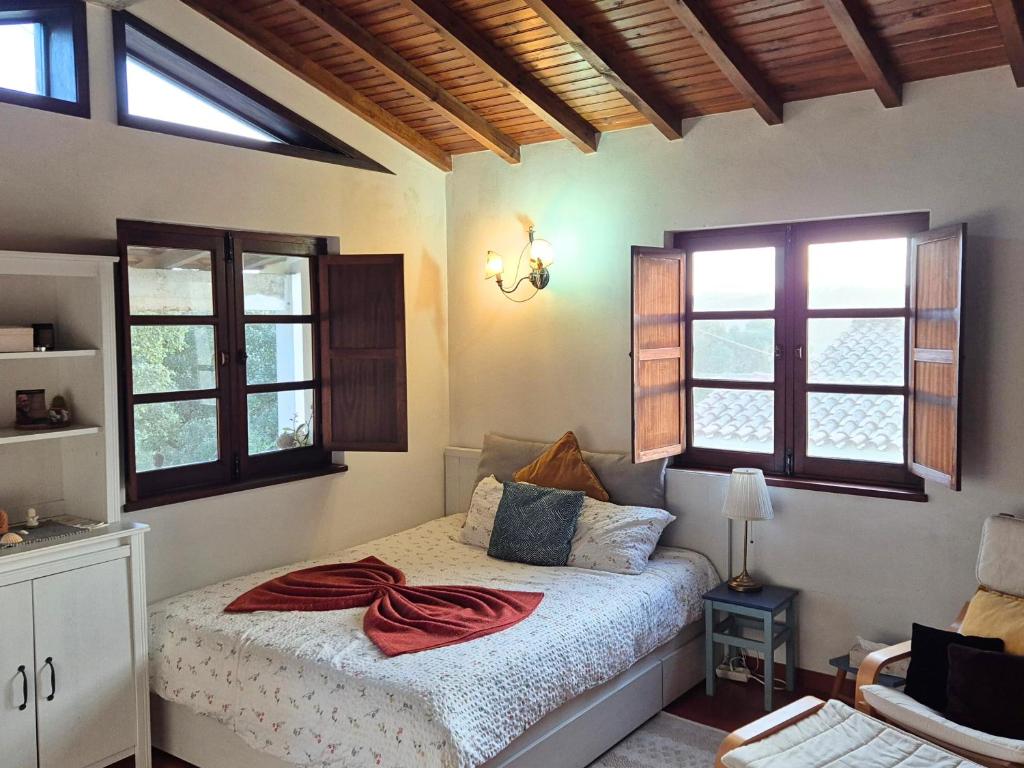 a bedroom with a bed in a room with windows at Studio in peaceful village of São Martinho das Amoreiras in São Martinho das Amoreiras