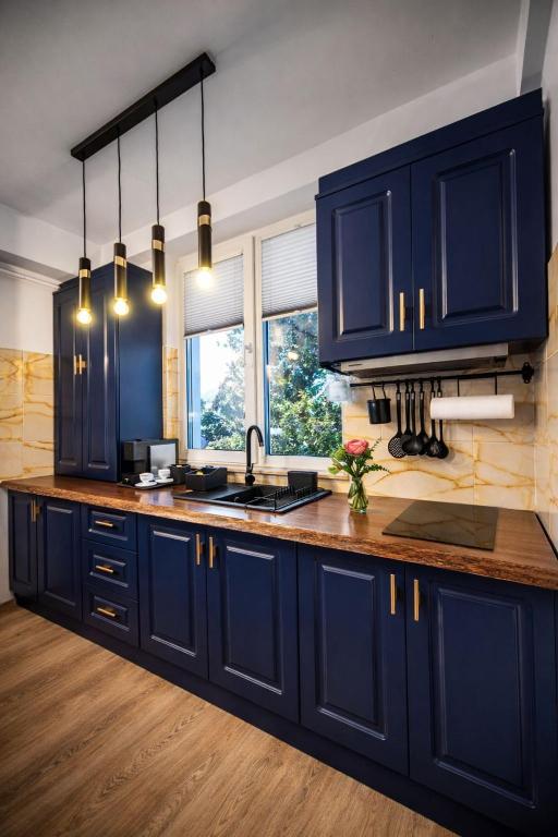 a kitchen with blue cabinets and a counter top at Studio Noa Escape in Saturn
