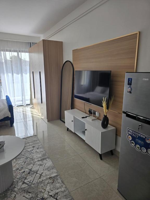 a living room with a tv and a refrigerator at Serene Studio near UN headquarters and Gigiri in Ruaka