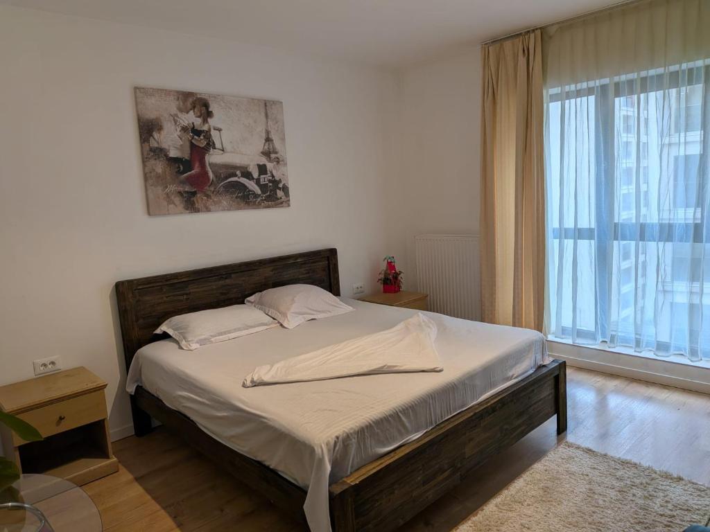 a bedroom with a bed and a large window at Waterfall Studio in Bucharest