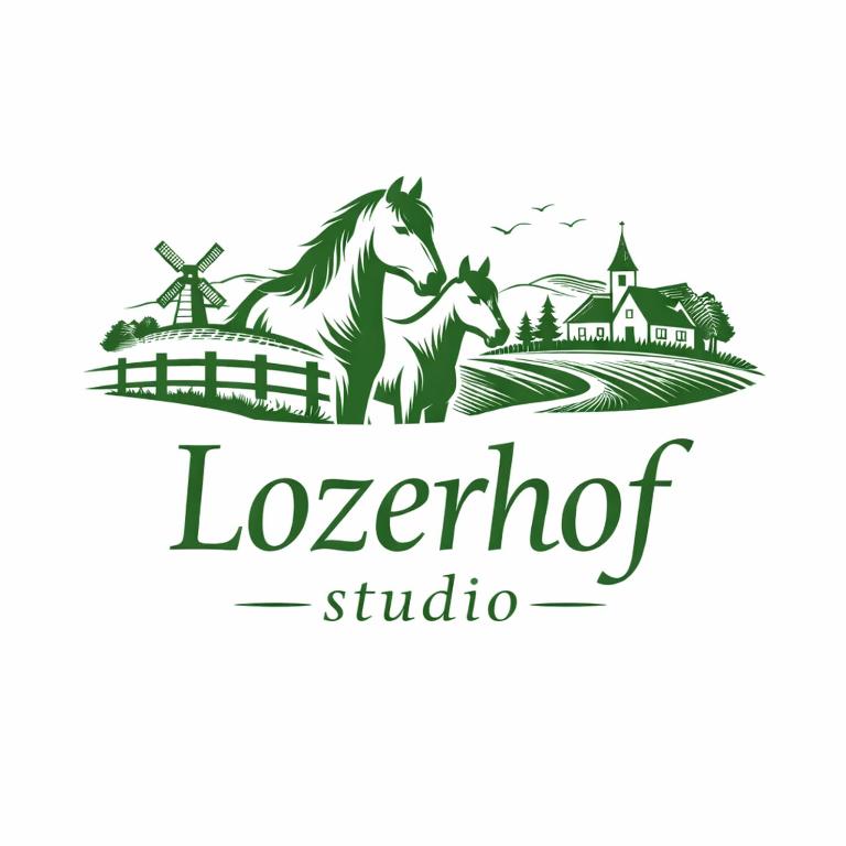 a logo for a school with two horses and a windmill at Lozerhof Studio in Kruisem