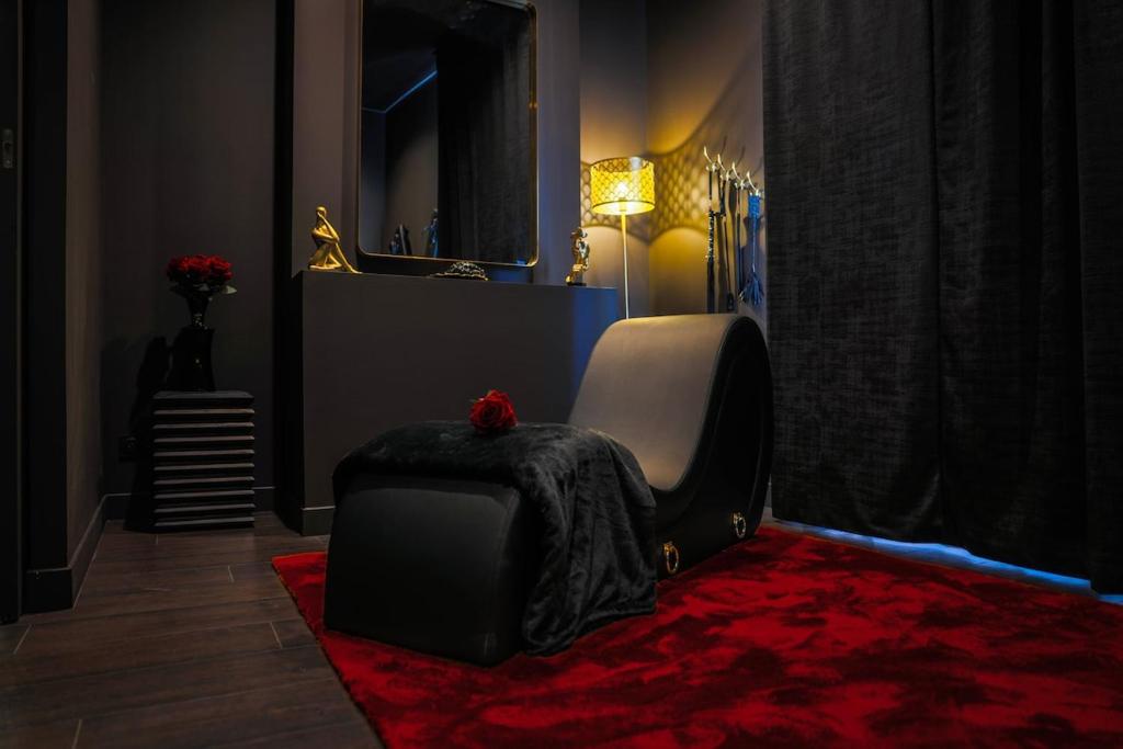 a living room with a chair and a red rug at Suite 202 in Mâcon