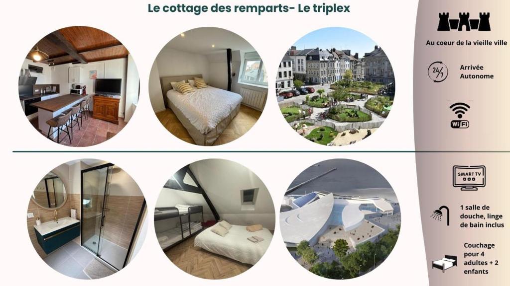 a collage of four pictures of a hotel room at Le cottage des remparts Le triplex in Boulogne-sur-Mer
