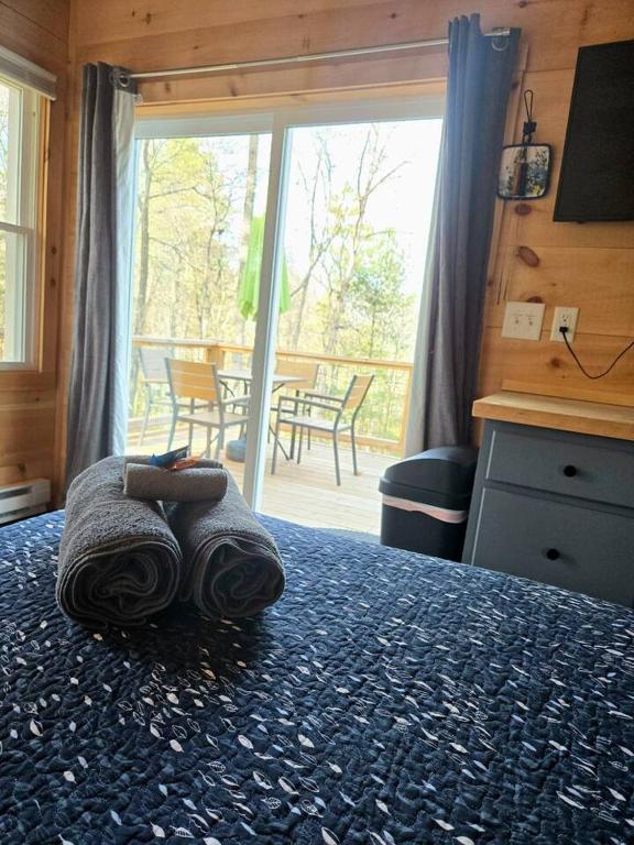 a bedroom with a bed with a view of a patio at Tiny Home Big View! in Franklin