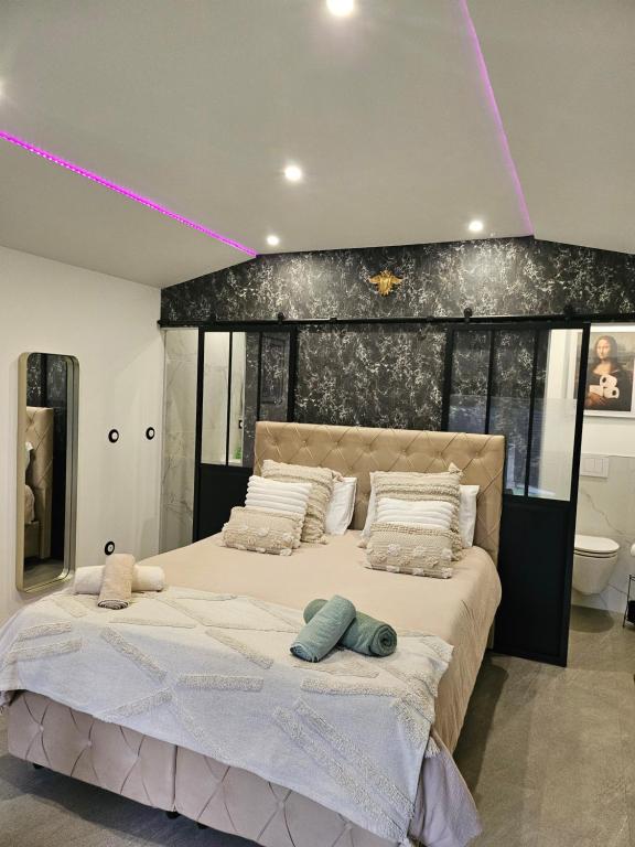 a bedroom with a large bed with a purple light at hébergement privée Jaccuzzi en supplément in Saint-Clair-du-Rhône