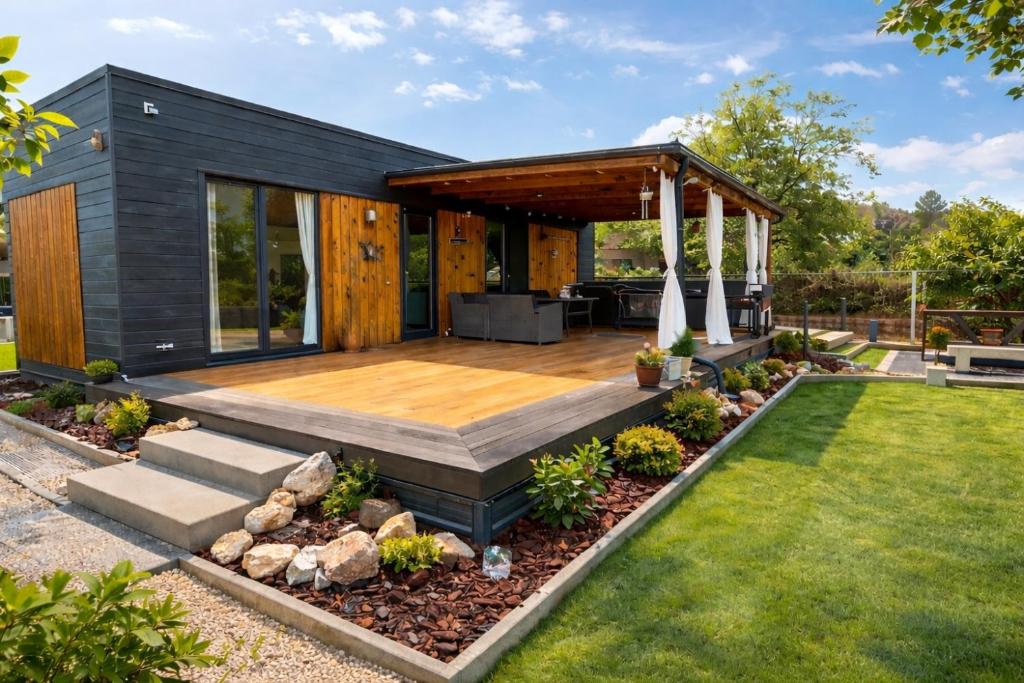 a backyard with a house with a wooden pergola at Cute Cottage in Balatonfůzfő
