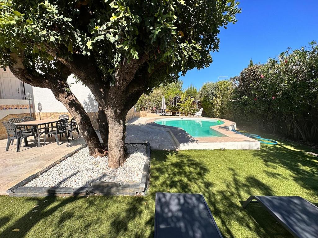 a swimming pool with a tree and a table at Casa Mar in Valencia