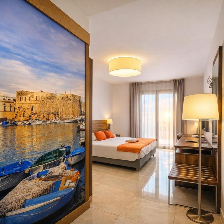 a bedroom with a bed and a painting of a boat at Morello Beach Hotel in Marina di Pescoluse