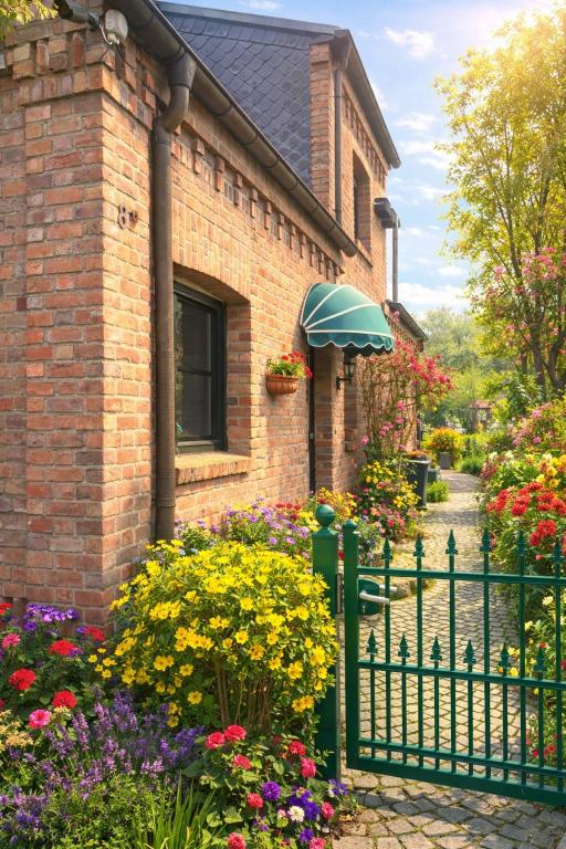 a fence in front of a house with flowers at Reeser Schatzkästchen in Rees
