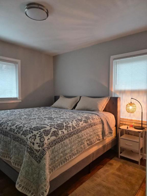 a bedroom with a bed and a lamp and two windows at Villa Nemesio & Linsday 2 in Atlanta