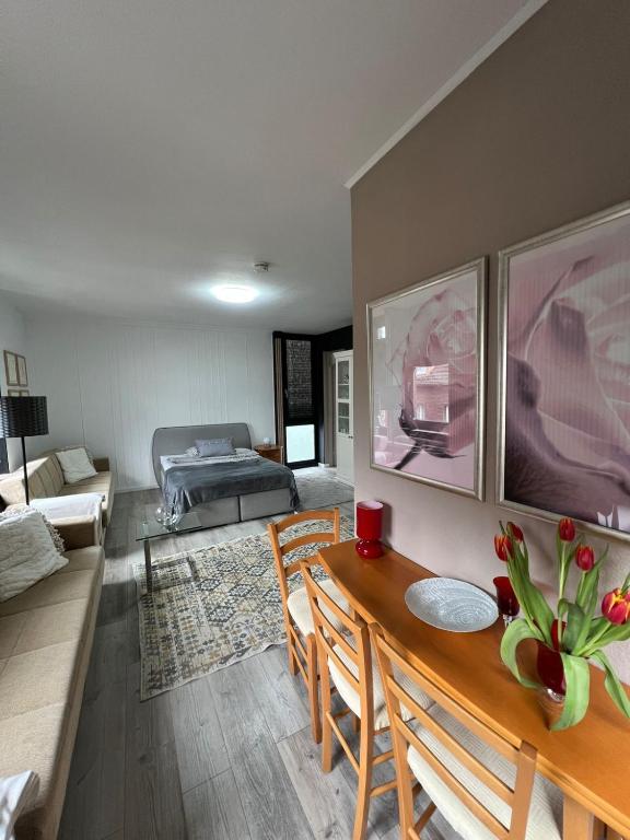 a living room with a table and chairs and a couch at Domblick Apartment in Aachen