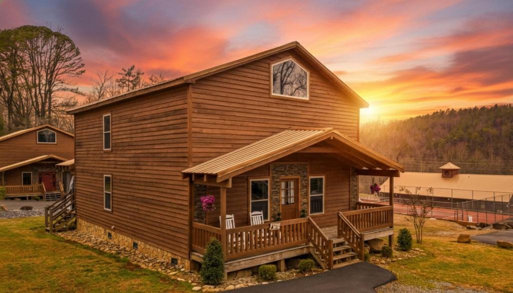 a log cabin with a sunset in the background at SmokiesBoutiqueCabins would love to host you at Dolly's Cute Cabin! 4 Suites with Private Bathrooms - Hot Tub, Fire Pit, Game Room, Resort Pool open Memorial Day through Labor Day! in Gatlinburg