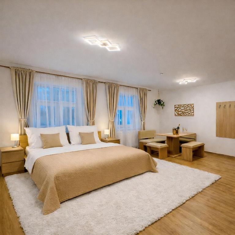 a bedroom with a large bed and a desk at Apartmány Ella in Hřensko