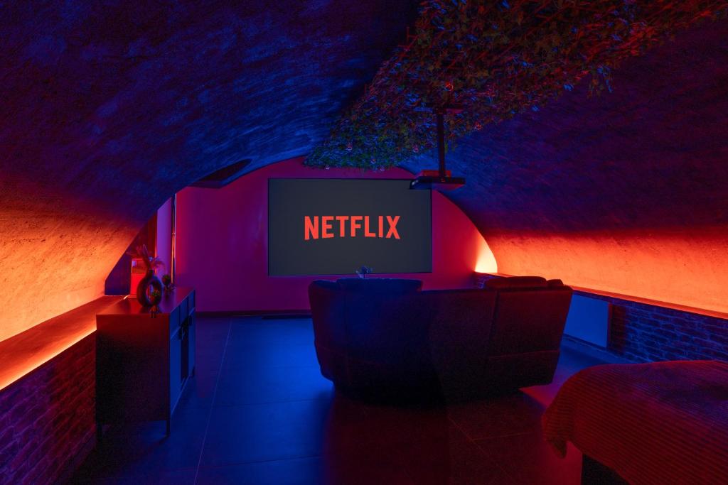 a tv in a room with a netflix sign at L'escapade Vosgienne, Cinéma, Balnéo in Remiremont