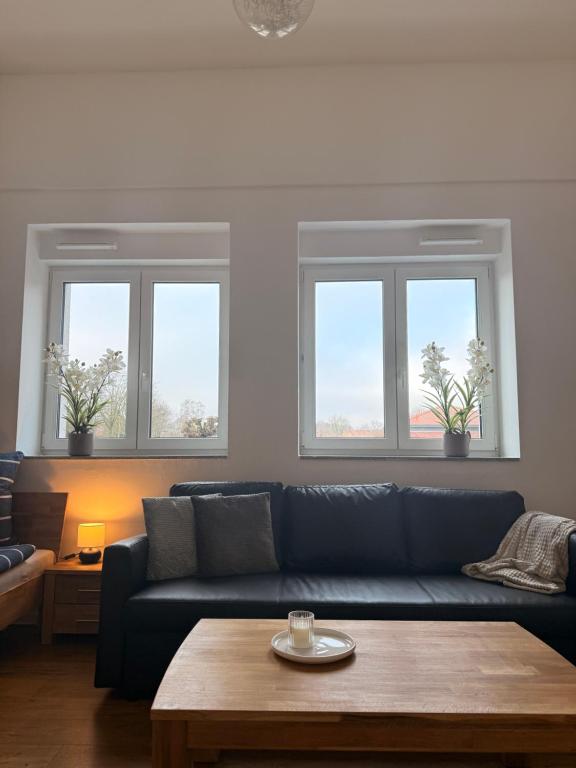 a living room with a blue couch and three windows at Westwind 2 in Steinfeld