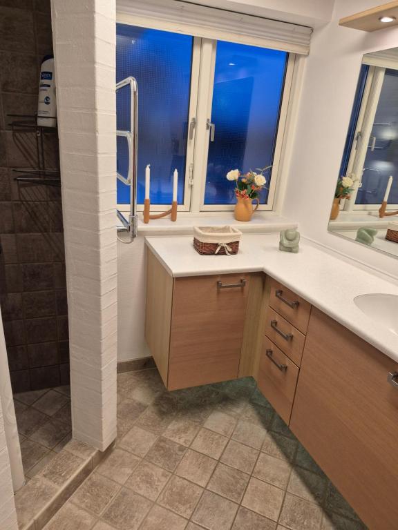 a bathroom with a sink and a shower at Marias house i Agger in Vestervig