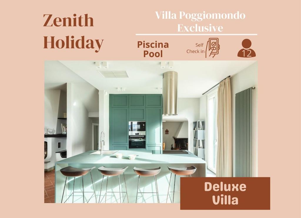 a kitchen with a kitchen island with stools at Exclusive Villa - Sauna & Pool in Molinelli
