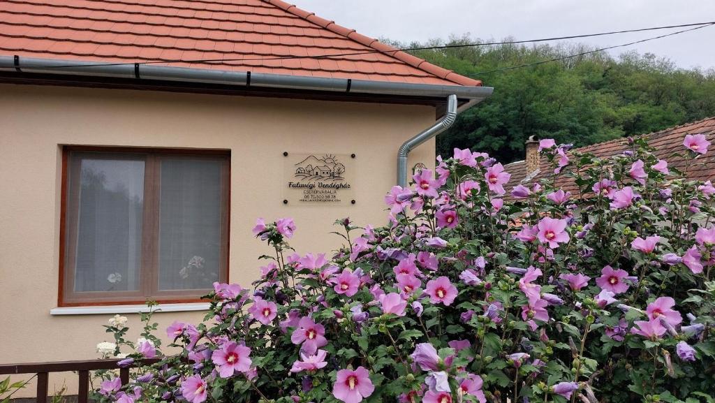 a bush of pink flowers in front of a house at Faluvégi Vendégház in Cserépváralja