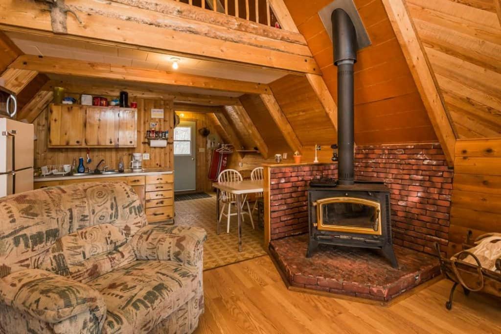 a living room with a fireplace in a log cabin at The Papa Bear Cabin - Bear Creek Cabins in Winfield