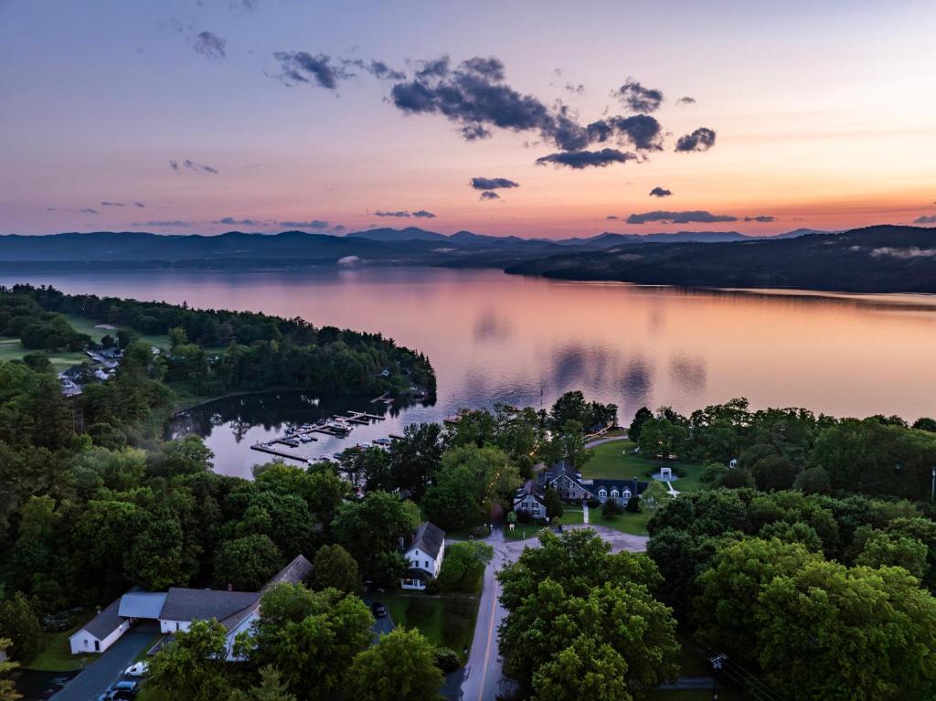 an aerial view of a lake at sunset at Basin Harbor in Vergennes