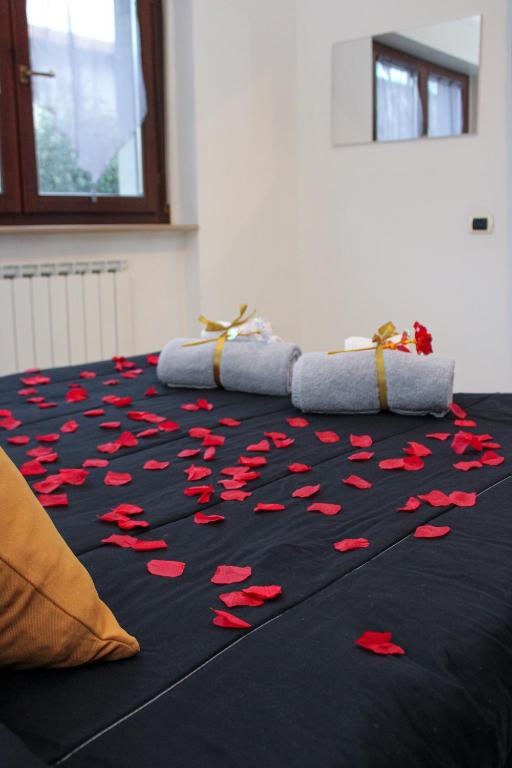 a bed with red hearts on a black blanket at Il Giardino di Luna in Poggio Nativo