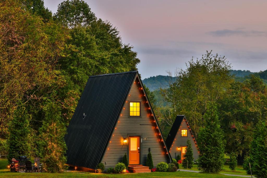 a small house with a black roof at Old Rag Mountain Getaway - WiFi, Smart TV, Fire Pit, Patio, & Full Kitchen in Etlan