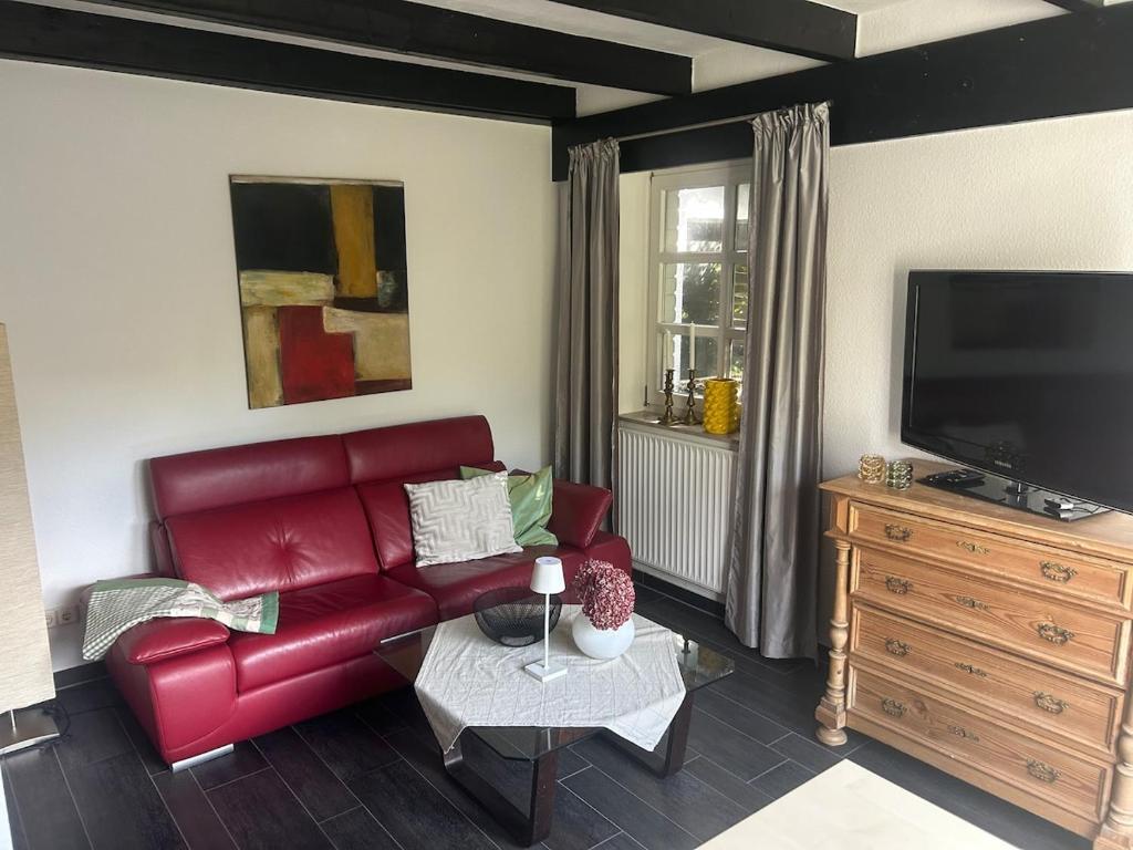 a living room with a red leather couch and a tv at Gemütlichkeit im Grünen in Warendorf