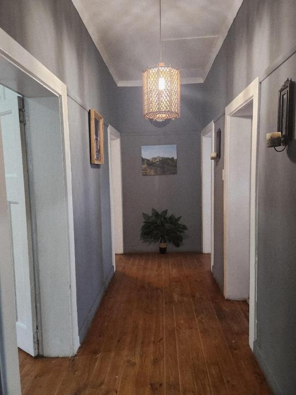 an empty hallway with a potted plant and a chandelier at CLR Accommodation in George