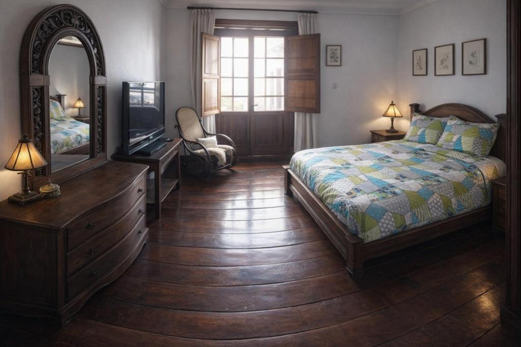 a bedroom with a bed and a dresser and a mirror at Casona Rosa Lorenza in Corrales