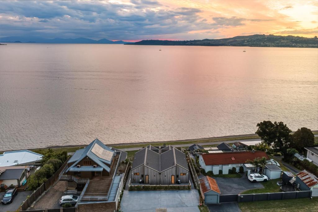 an aerial view of a large body of water at Roam Taupo Upper Terrace Unit 4 - Spa Pool in Taupo