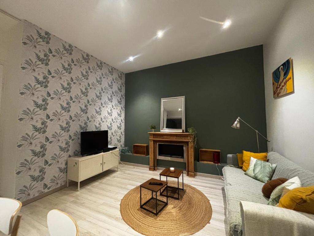 a living room with a couch and a tv at Hôtel de Ville, T3, 2 chambres, 2 salles de bain in Saint-Étienne