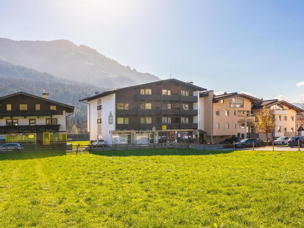a group of buildings in a field with a mountain at Brixen Alpin Living Top 19 in Brixen im Thale