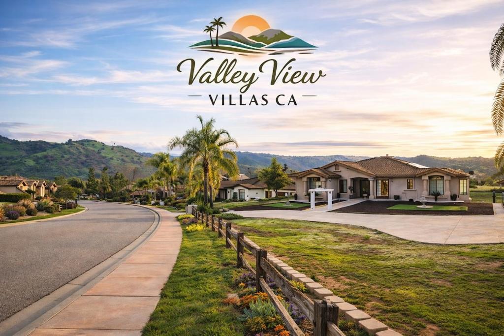 a house on a road with a villas ca sign at Beautiful Villa with Amazing 360 Mountain Views, Golfcourses close to Monserate Winery and I-15 in Fallbrook
