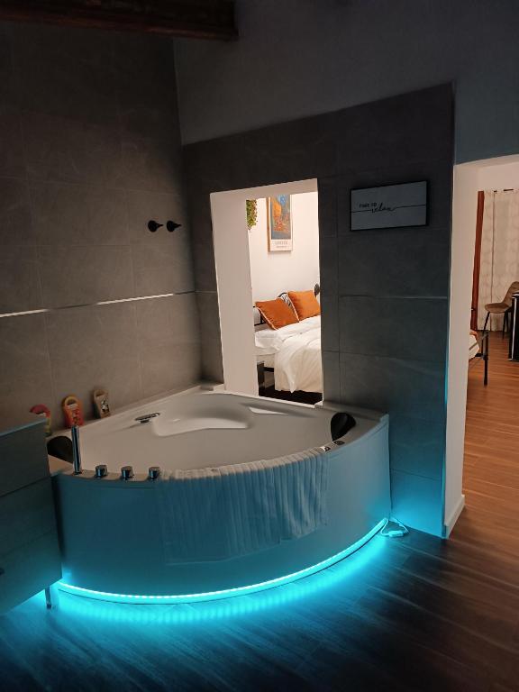 a bath tub in a room with a bedroom at Casa el Pato Lolo in Bolbaite