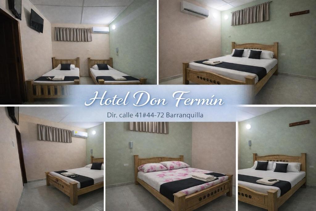 four pictures of a hotel room with two beds at Hotel Don Fermin in Barranquilla