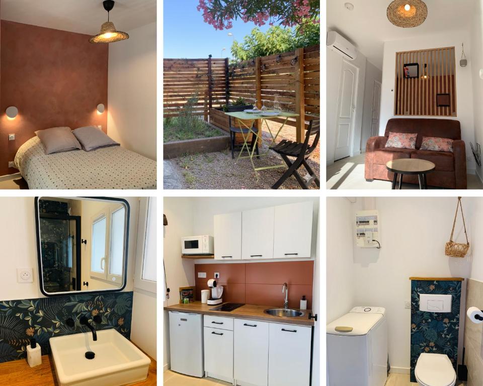 a collage of photos of a kitchen and a room at Studio Moderne Cozy in Ribaute-les-Tavernes
