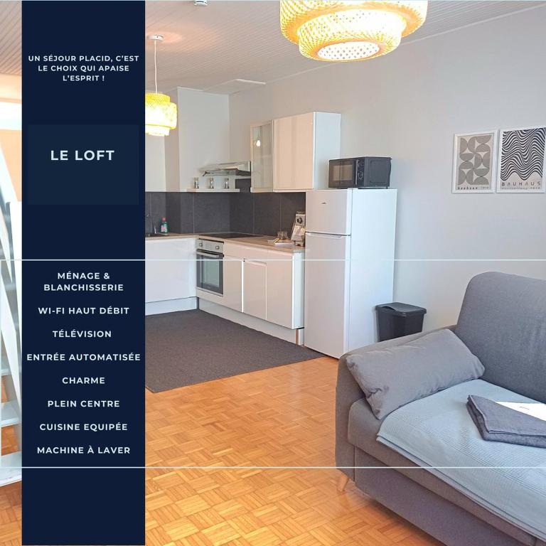 a living room with a couch and a kitchen at Le Loft - En Plein Centre Très Spacieux in Beauvais