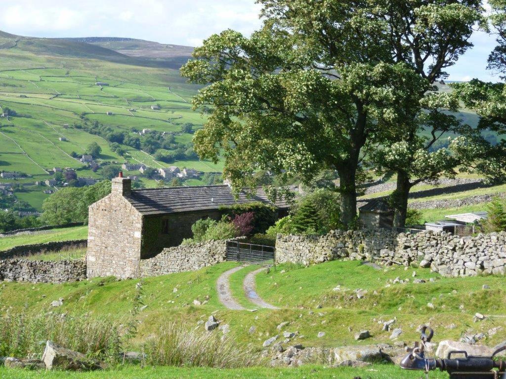 an old stone building on a hill with a tree at Birkend Farmhouse in Feetham