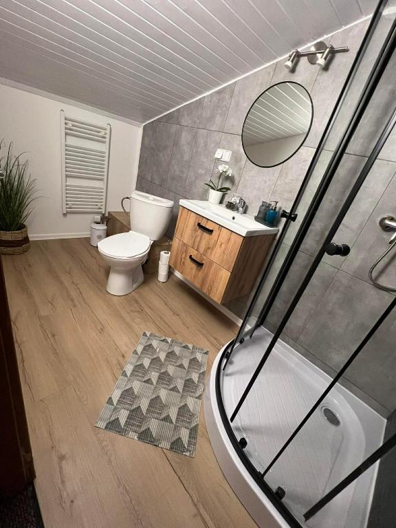 un bagno con doccia, WC e lavandino di Vila Martina a Poprad