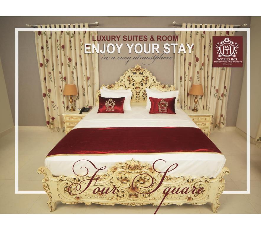 a poster of a bedroom with a bed with red pillows at Four Squares by WIH in Karachi