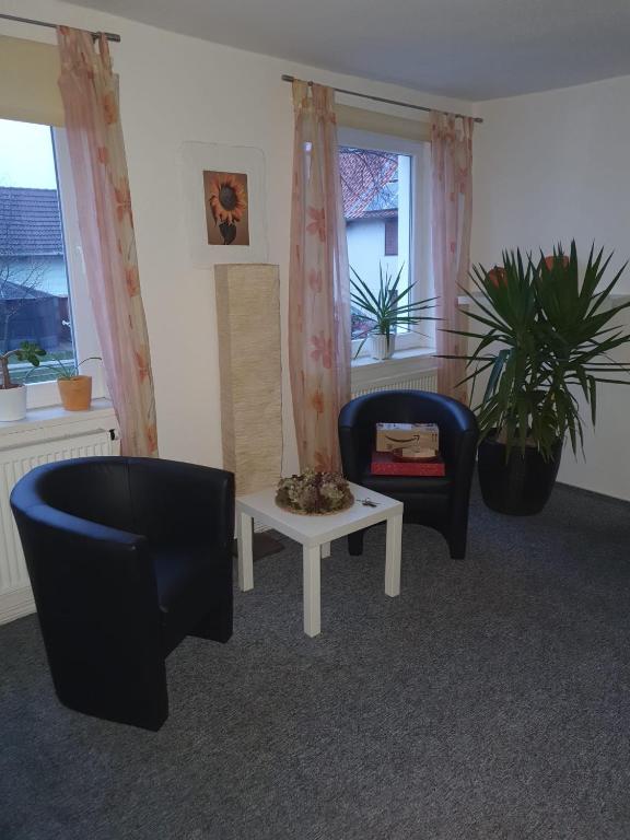 a living room with two chairs and a table at Ferienwohnung zur Apotheke in Hessen